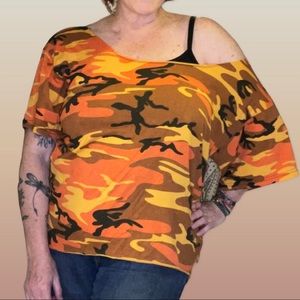 Upcycled Oversized Orange Camo Off Shoulder T-Shirt OS